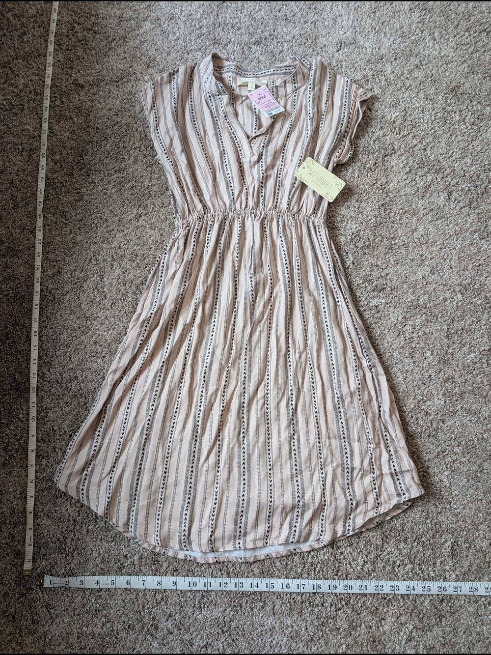 Women's Striped V-Neck Midi Dress in Beige